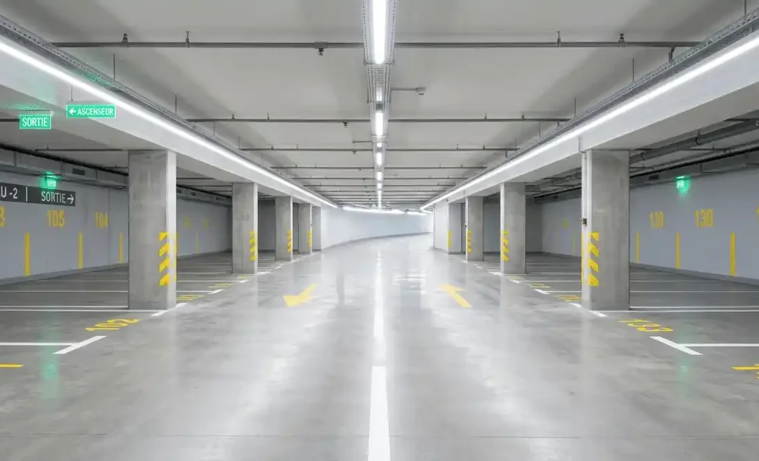 Parking sous-sol de copropriété propre après nettoyage professionnel par SNECIE en Essonne