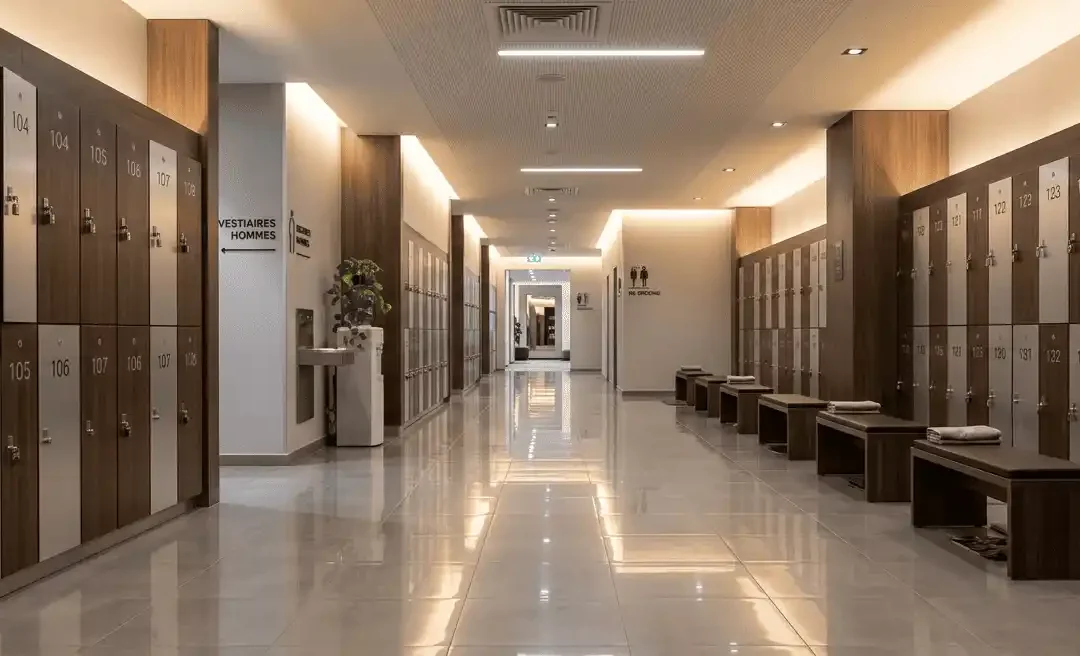 Vestiaires de salle de sport propres et désinfectés par un professionnel du nettoyage en Essonne