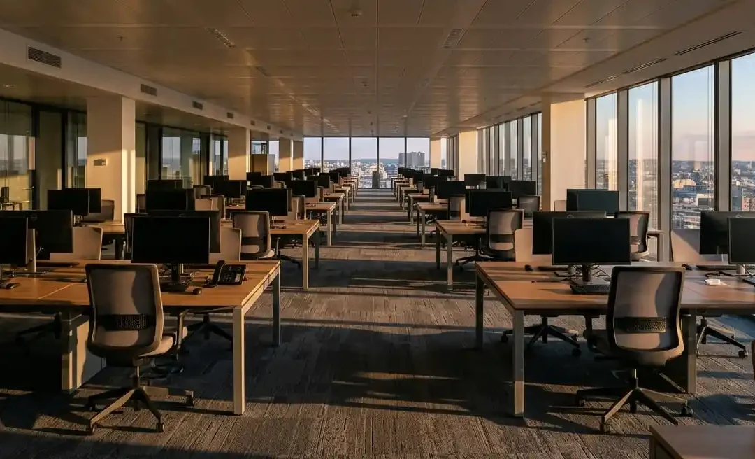 Plateau de bureaux vide en fin de journée avant l'intervention de nettoyage