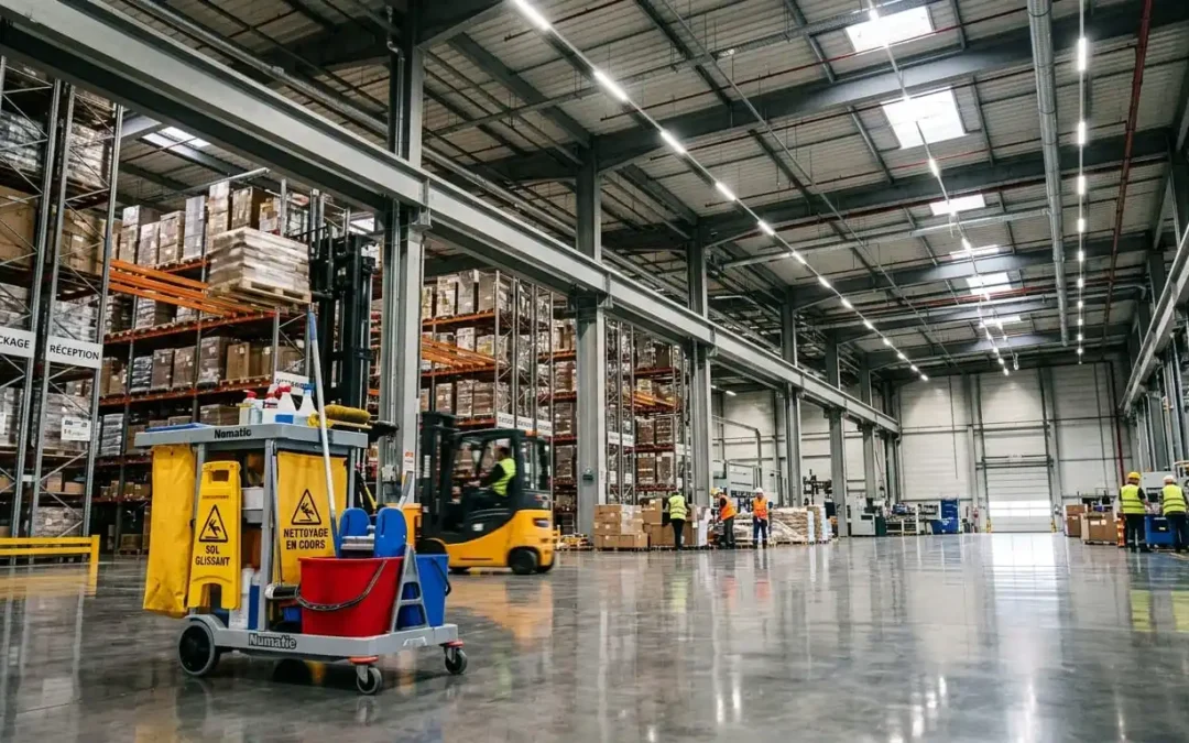 Nettoyage industriel dans un entrepôt en Essonne par une équipe SNECIE